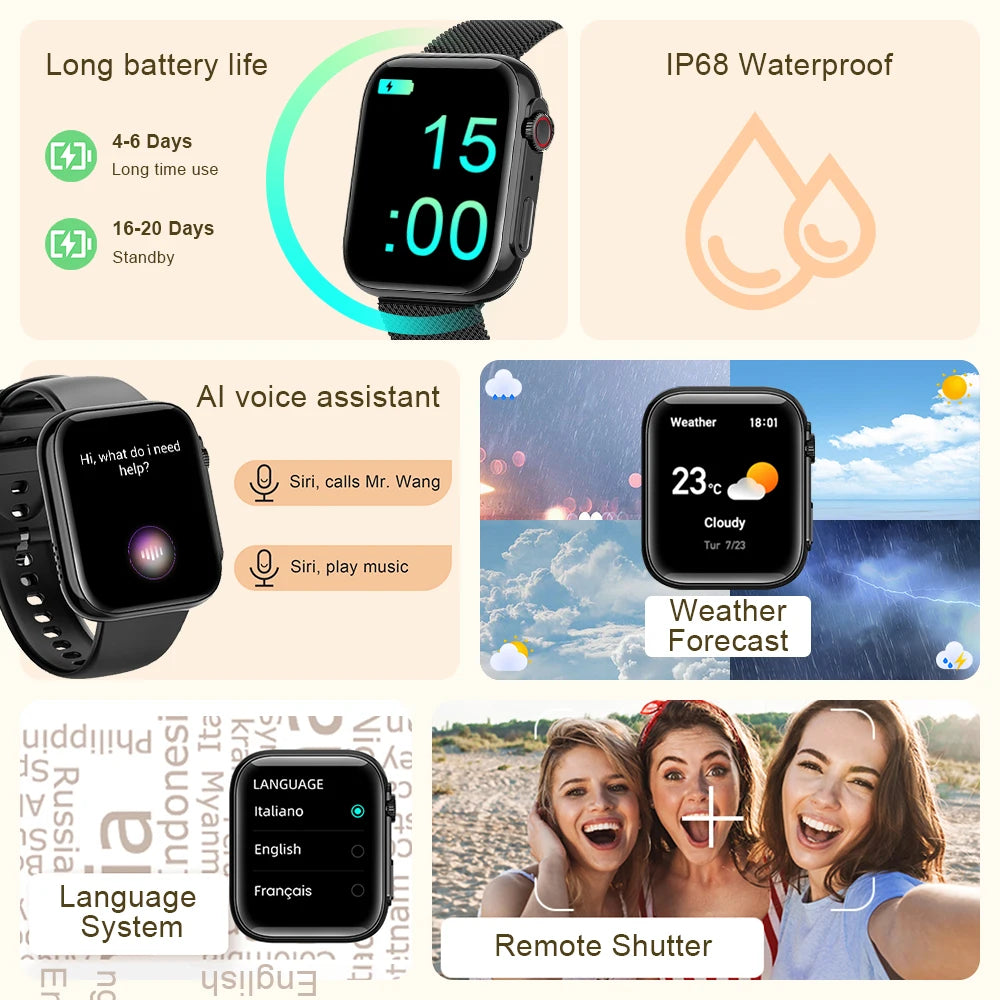 Montre Connectée Bluetooth – Écran AMOLED HD 1.9”, Appels, Tracker Fitness & Santé | Android iOS