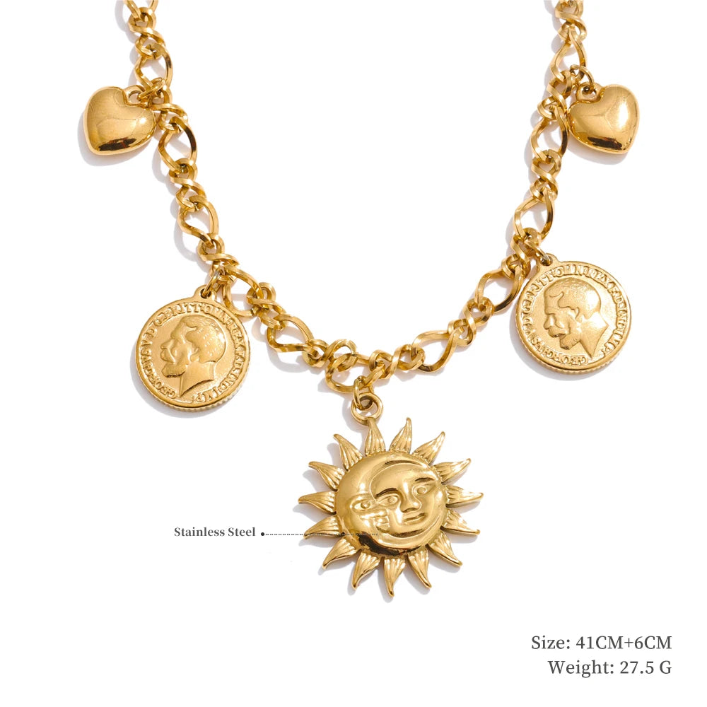 Halsketten mit Sonne- und Ozean-Anhänger – Goldfarbener Edelstahl