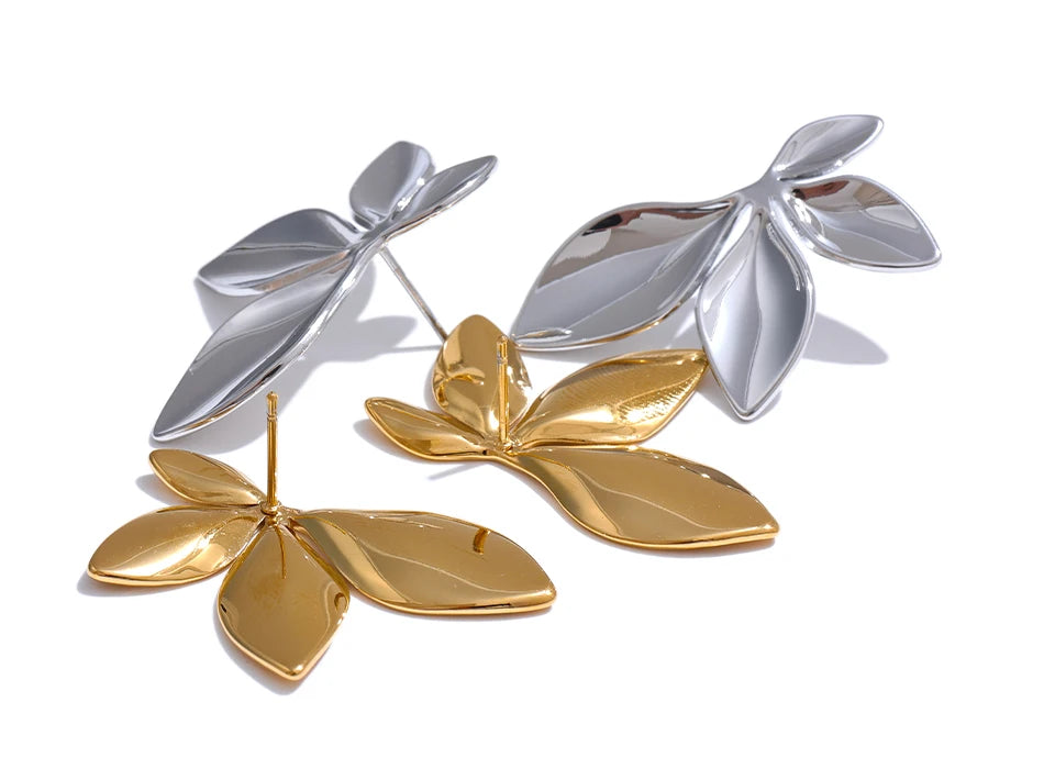 Boucles d’oreilles feuillage – Acier inoxydable doré, design sculpté