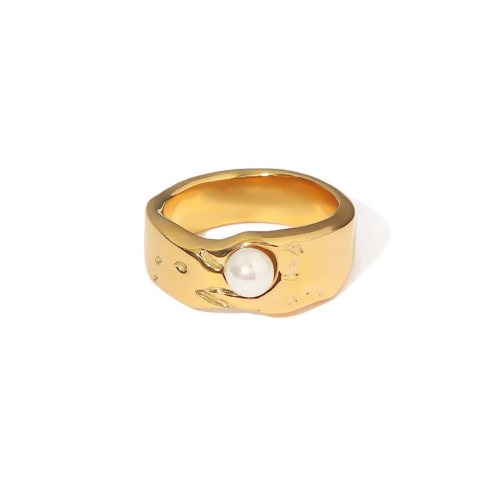 Bagues femme dorées en acier inoxydable – Plaqué or 18K, coquille, perle et zircon, bijoux tendance