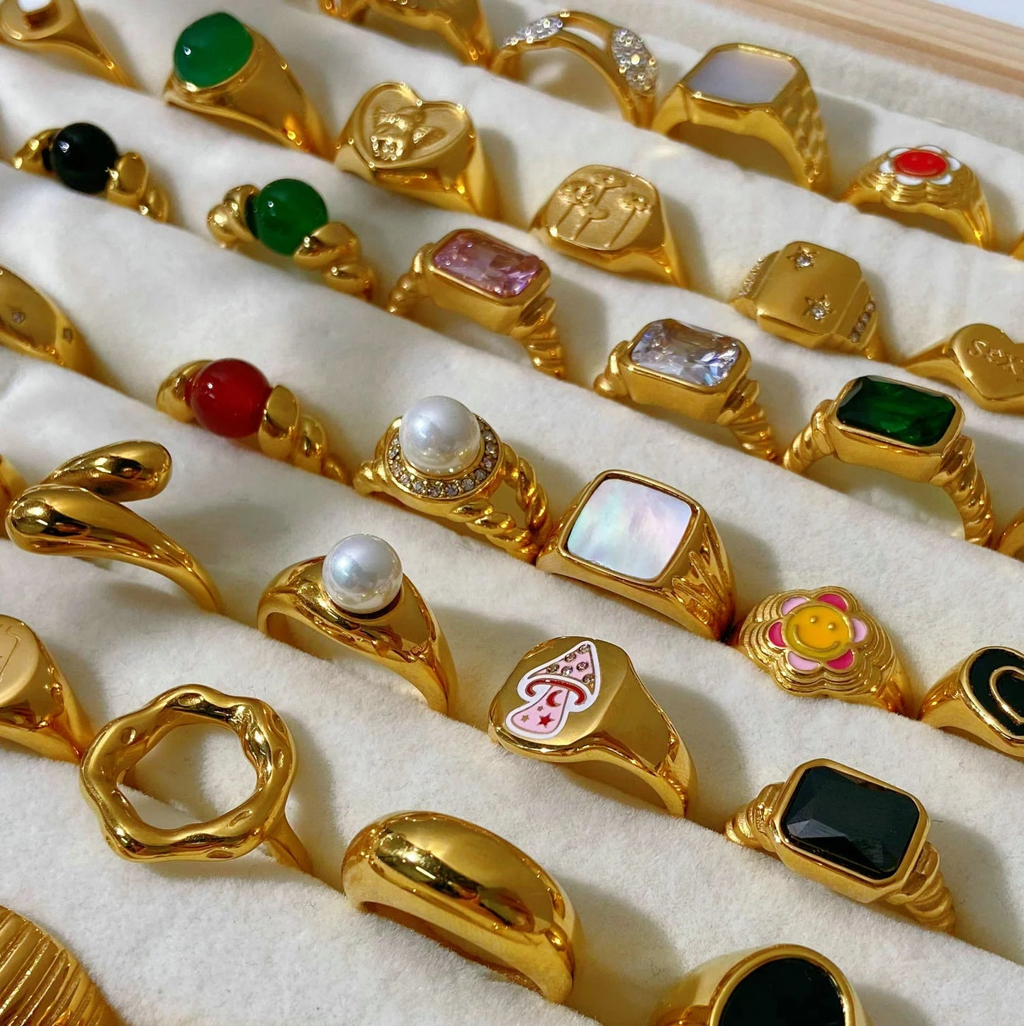 Bagues femme dorées en acier inoxydable – Plaqué or 18K, coquille, perle et zircon, bijoux tendance