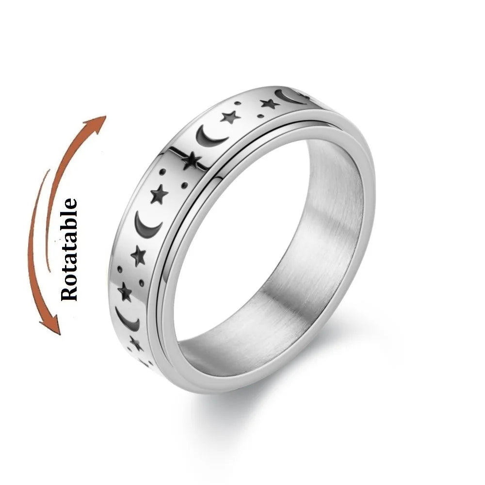 Bague anti-stress femme lune & étoile – Acier inoxydable rotatif