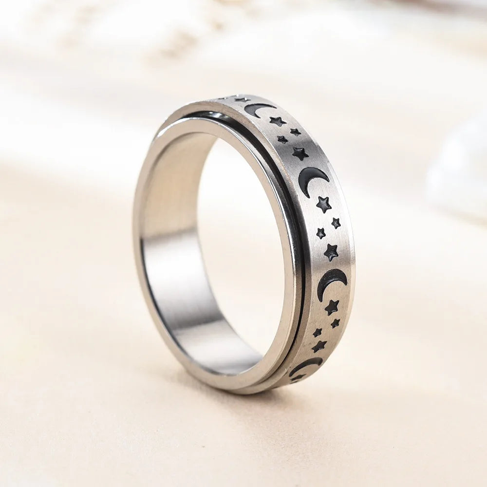 Bague anti-stress femme lune & étoile – Acier inoxydable rotatif
