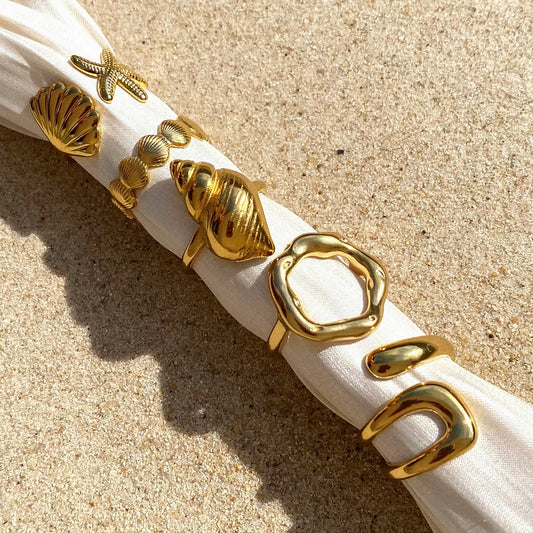 Bagues femme dorées géométriques – Mode minimaliste en acier inoxydable plaqué or 18K, taille réglable