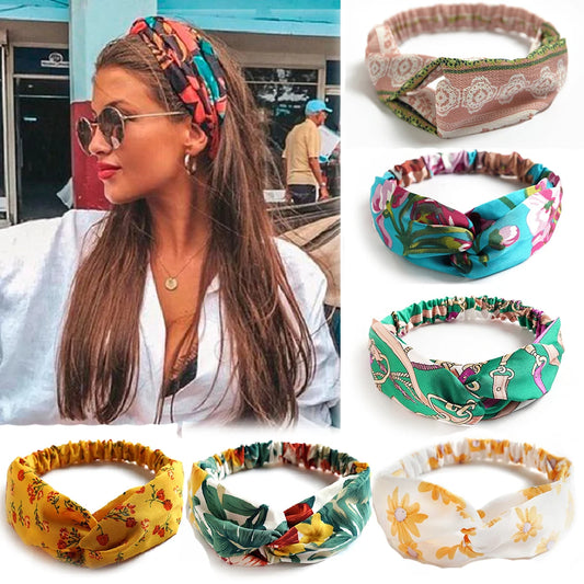 Bandeau cheveux femme bohème – Turban croisé vintage élastique imprimé