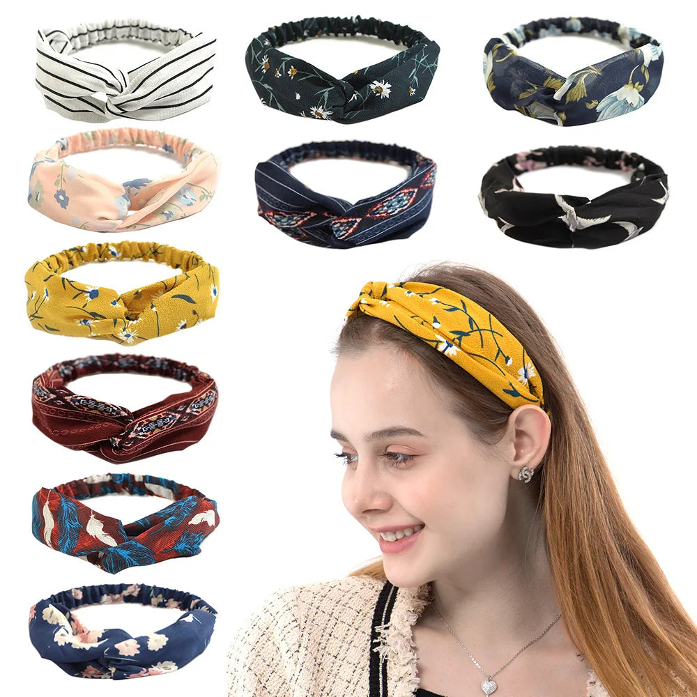 Bandeau cheveux femme bohème – Turban croisé vintage élastique imprimé