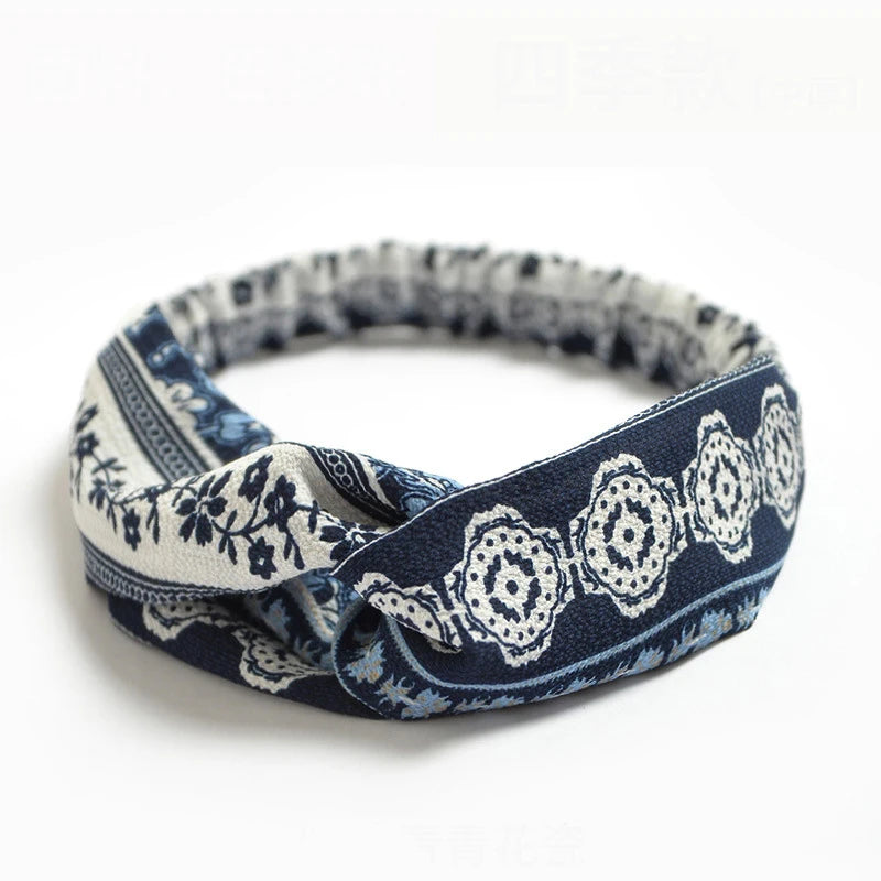 Bandeau cheveux femme bohème – Turban croisé vintage élastique imprimé