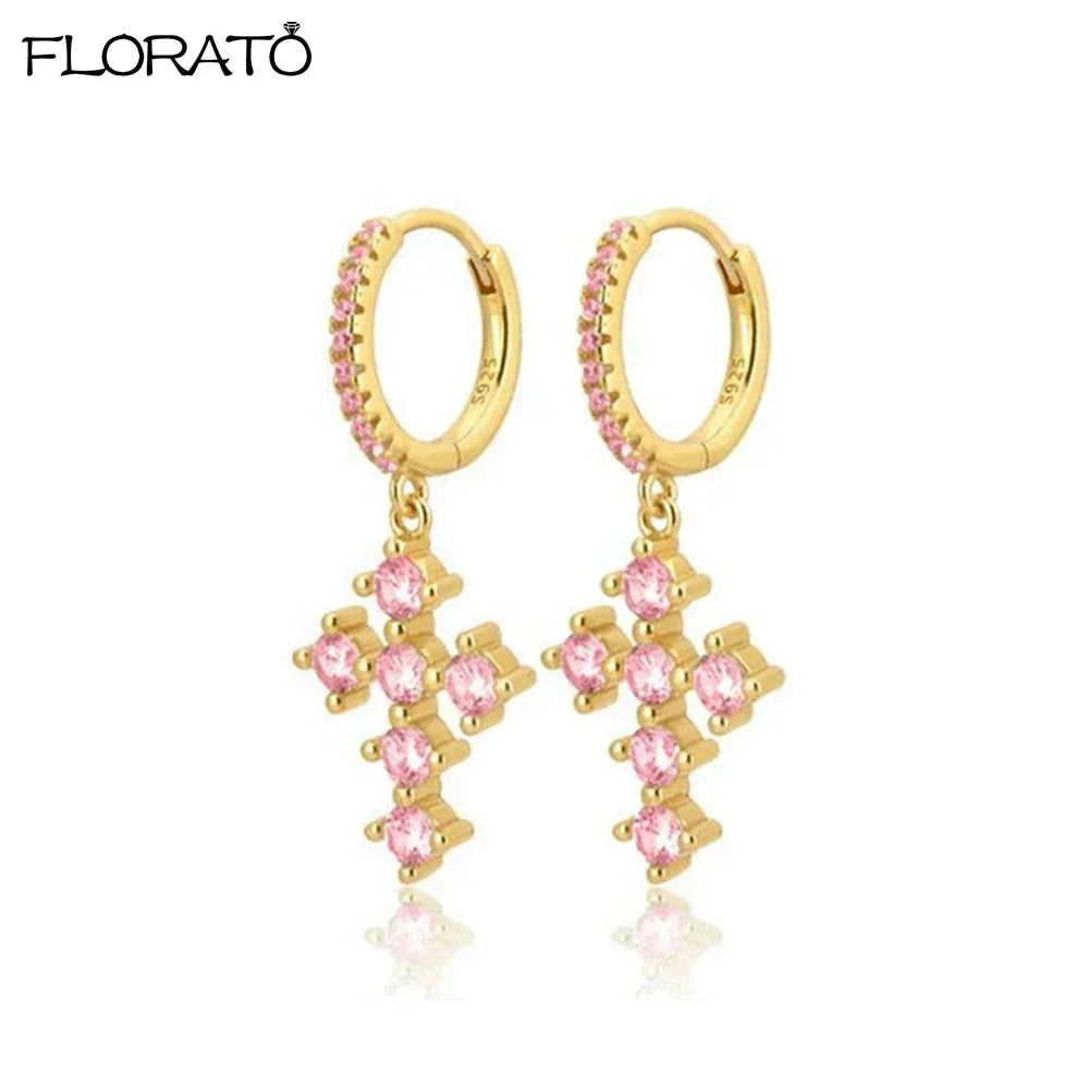 Boucles d’oreilles créoles en argent 925 plaqué or 18K – Zircon rose, style romantique et tendance