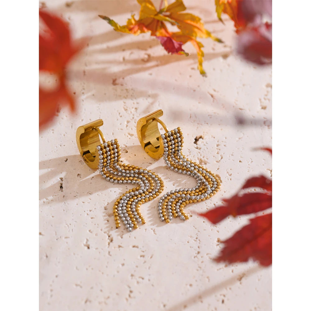 Boucles d’oreilles longues à strass et chaînes fluides en acier inoxydable plaqué or 18K