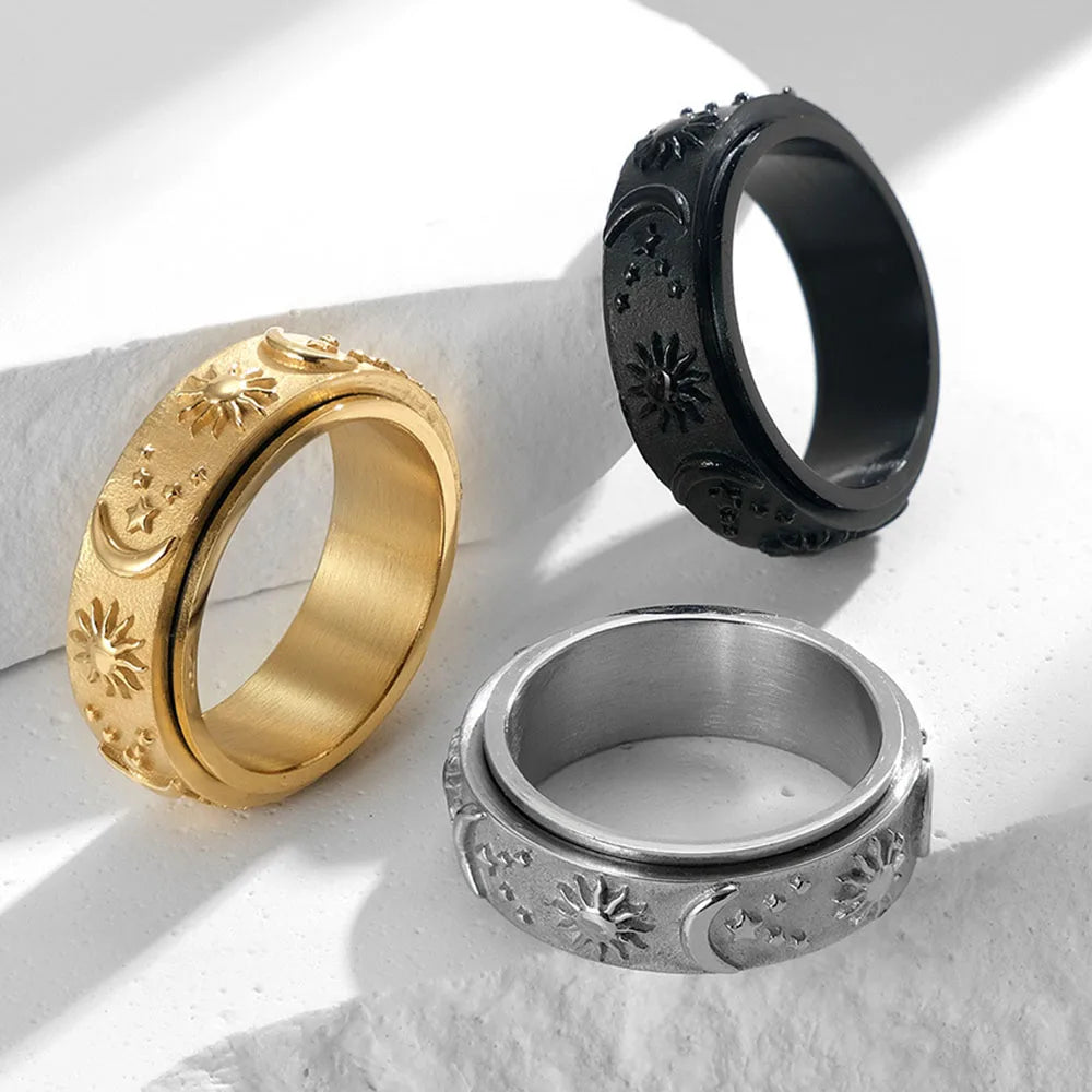 Bague anti-stress rotative Soleil & Lune en acier inoxydable – Bijou femme & homme