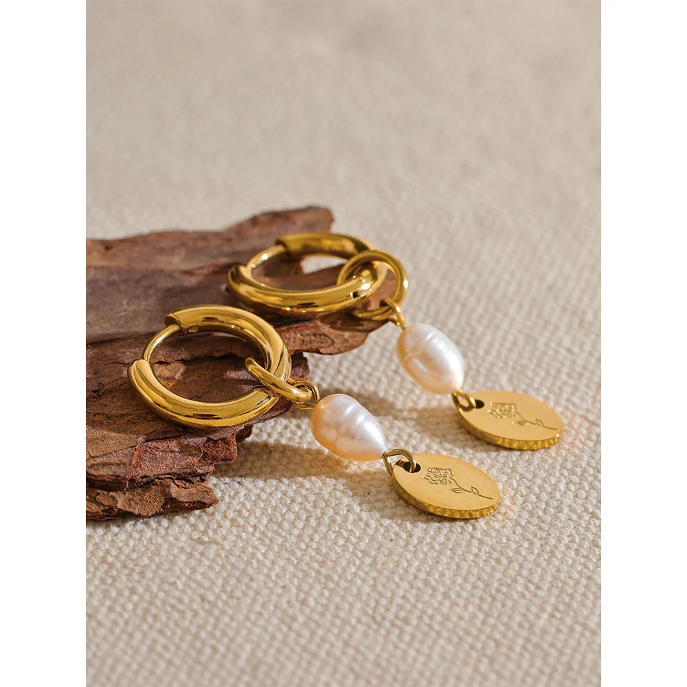 Boucles d’oreilles goutte perle & médaillon – Acier inoxydable doré ou argenté