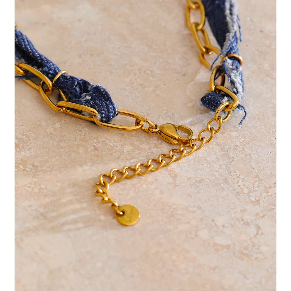 Collier denim & charms cœur