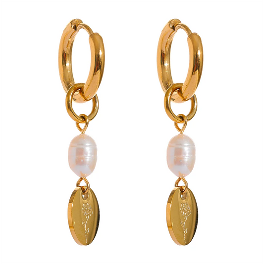 Boucles d’oreilles goutte perle & médaillon – Acier inoxydable doré ou argenté