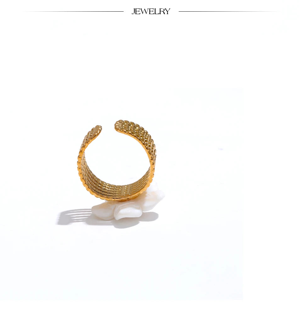 Bague fleur en coquille – Acier inoxydable doré, ouverte & étanche