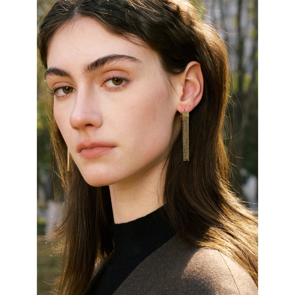 Boucles d’oreilles longues à strass et chaînes fluides en acier inoxydable plaqué or 18K