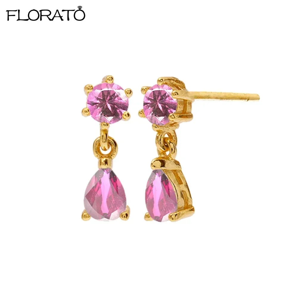 Boucles d’oreilles créoles en argent 925 plaqué or 18K – Zircon rose, style romantique et tendance