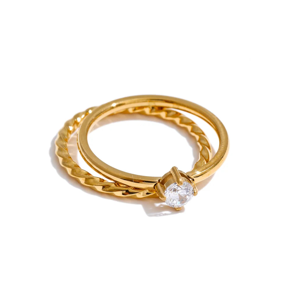 Bague superposable double en acier inoxydable & zircon – Plaqué or 18k
