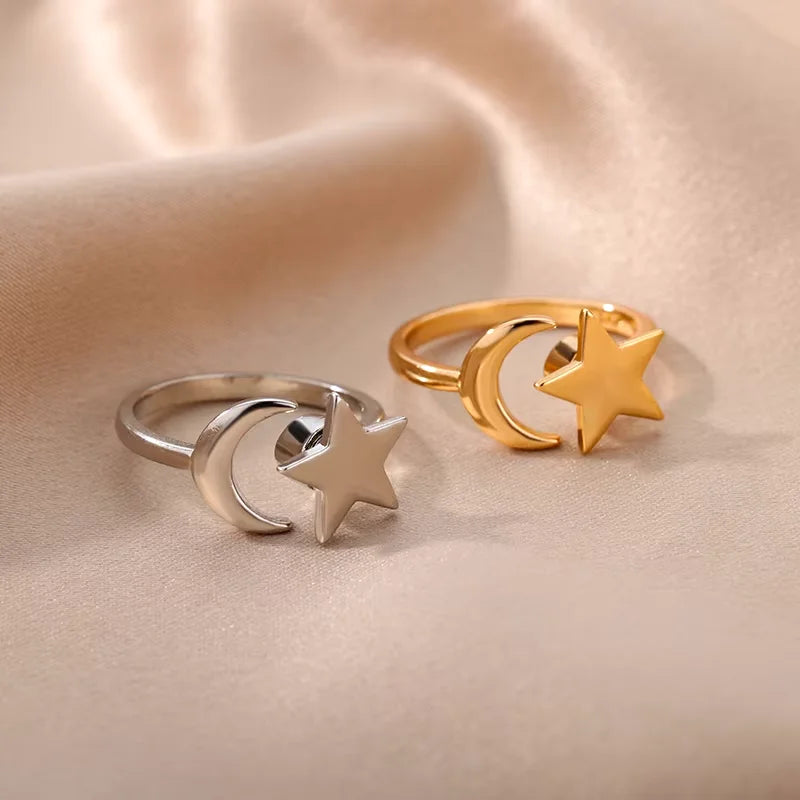 Bague Anti-Stress Femme – Acier Inoxydable Rotatif | Soleil, Lune, Étoile, Tournesol
