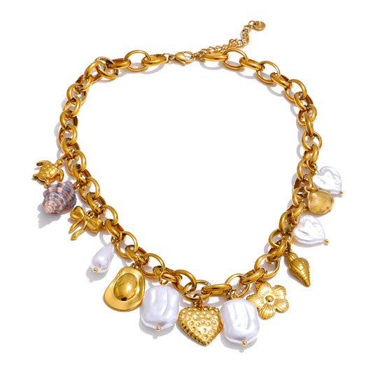 Ocean Charm Halskette - Muscheln &amp; Perlen, Gold Edelstahl 