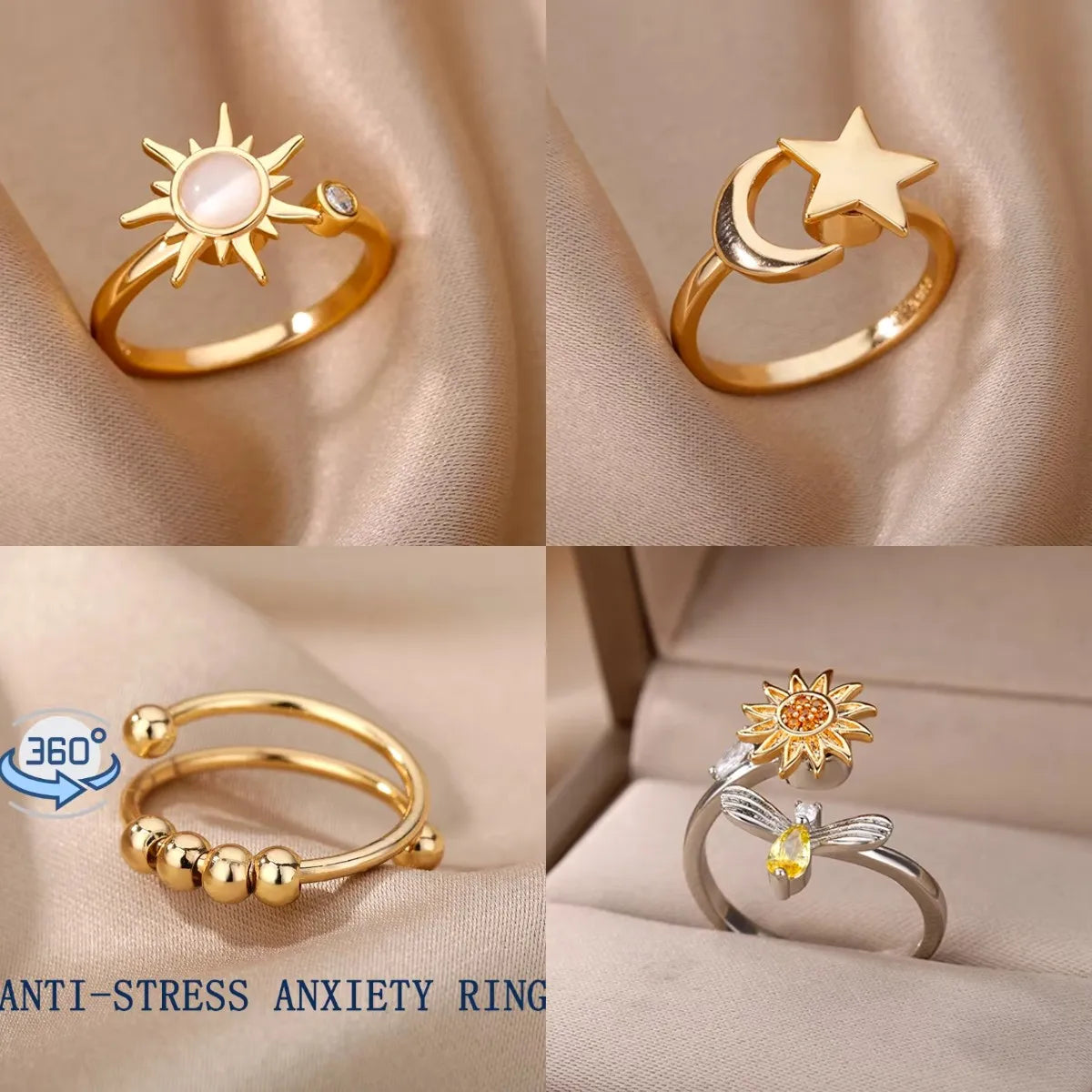 Bague Anti-Stress Femme – Acier Inoxydable Rotatif | Soleil, Lune, Étoile, Tournesol