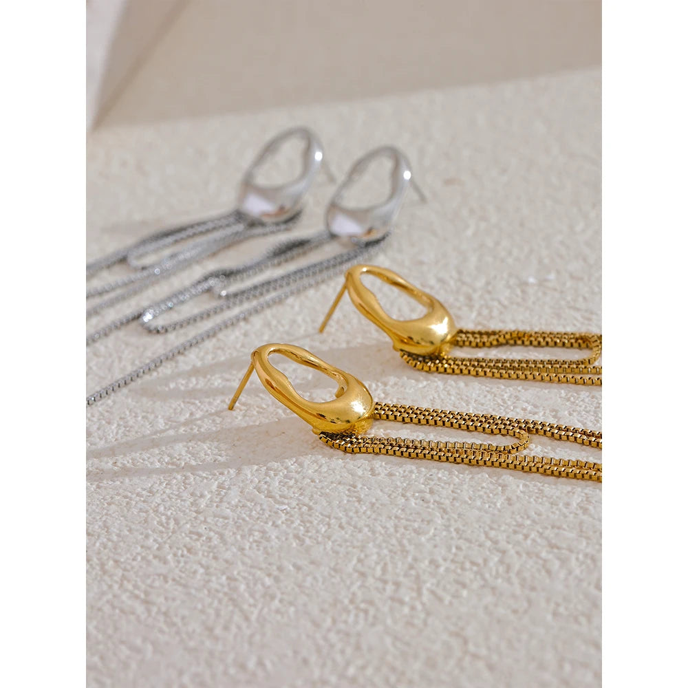 Boucles d’oreilles chaînes longues – Acier inoxydable 316L, design géométrique