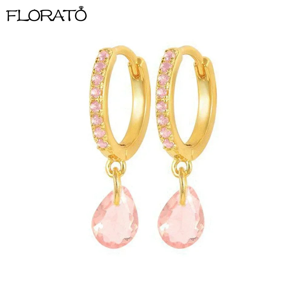Boucles d’oreilles créoles en argent 925 plaqué or 18K – Zircon rose, style romantique et tendance