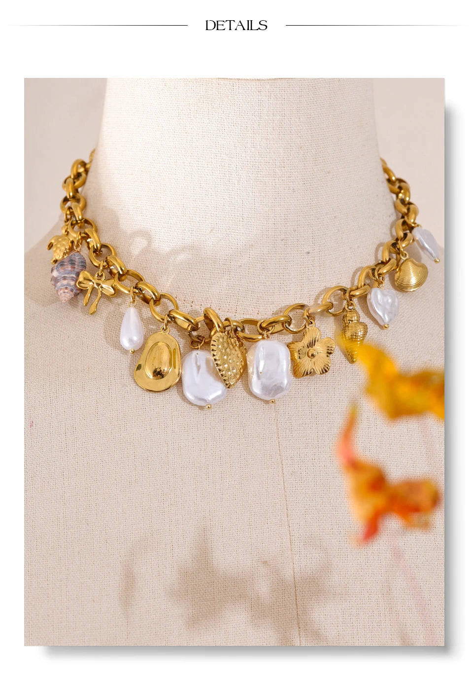 Ocean Charm Halskette - Muscheln &amp; Perlen, Gold Edelstahl 