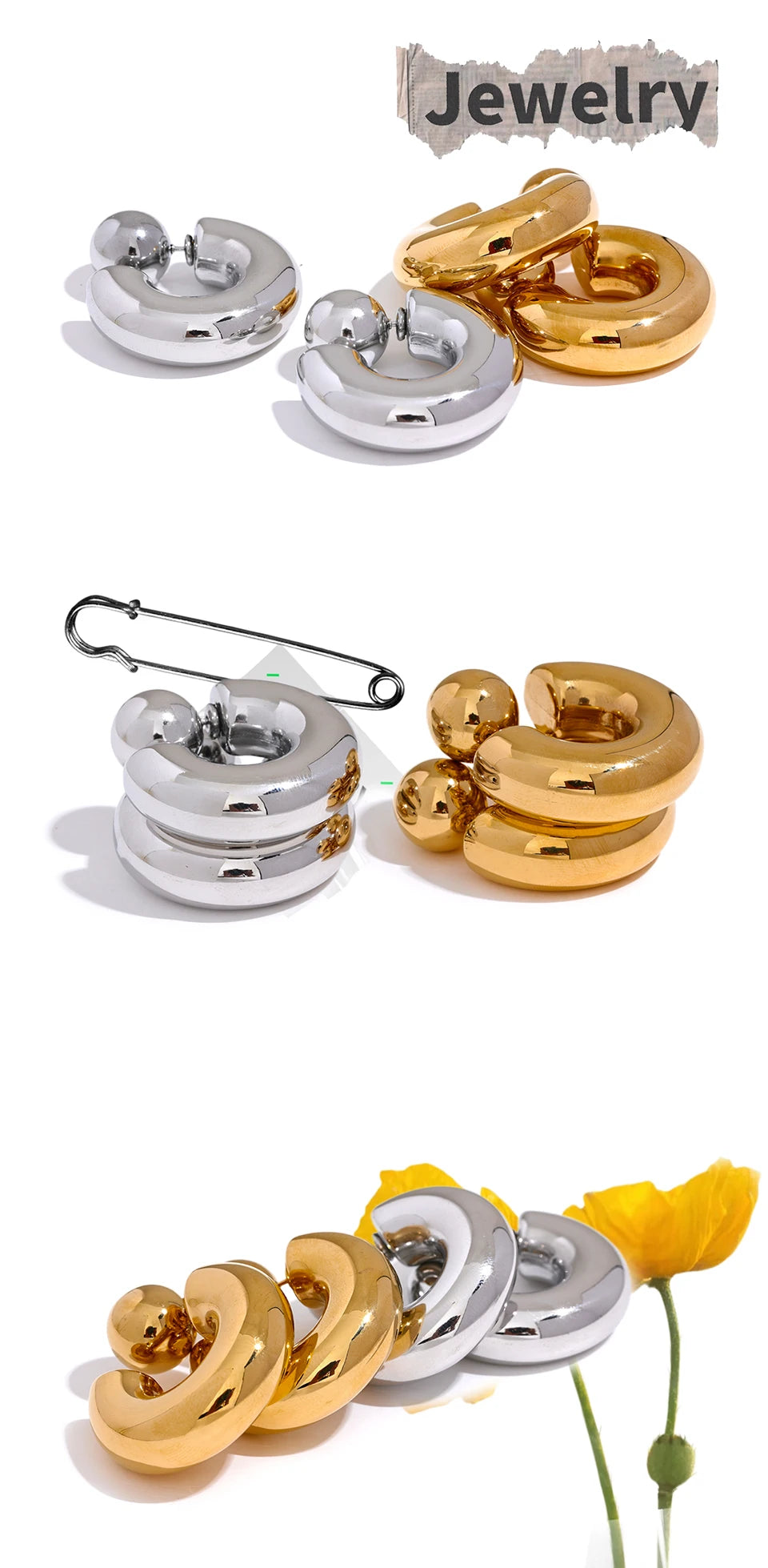 Boucles d’oreilles en C – Acier inoxydable doré, design épais & stylé
