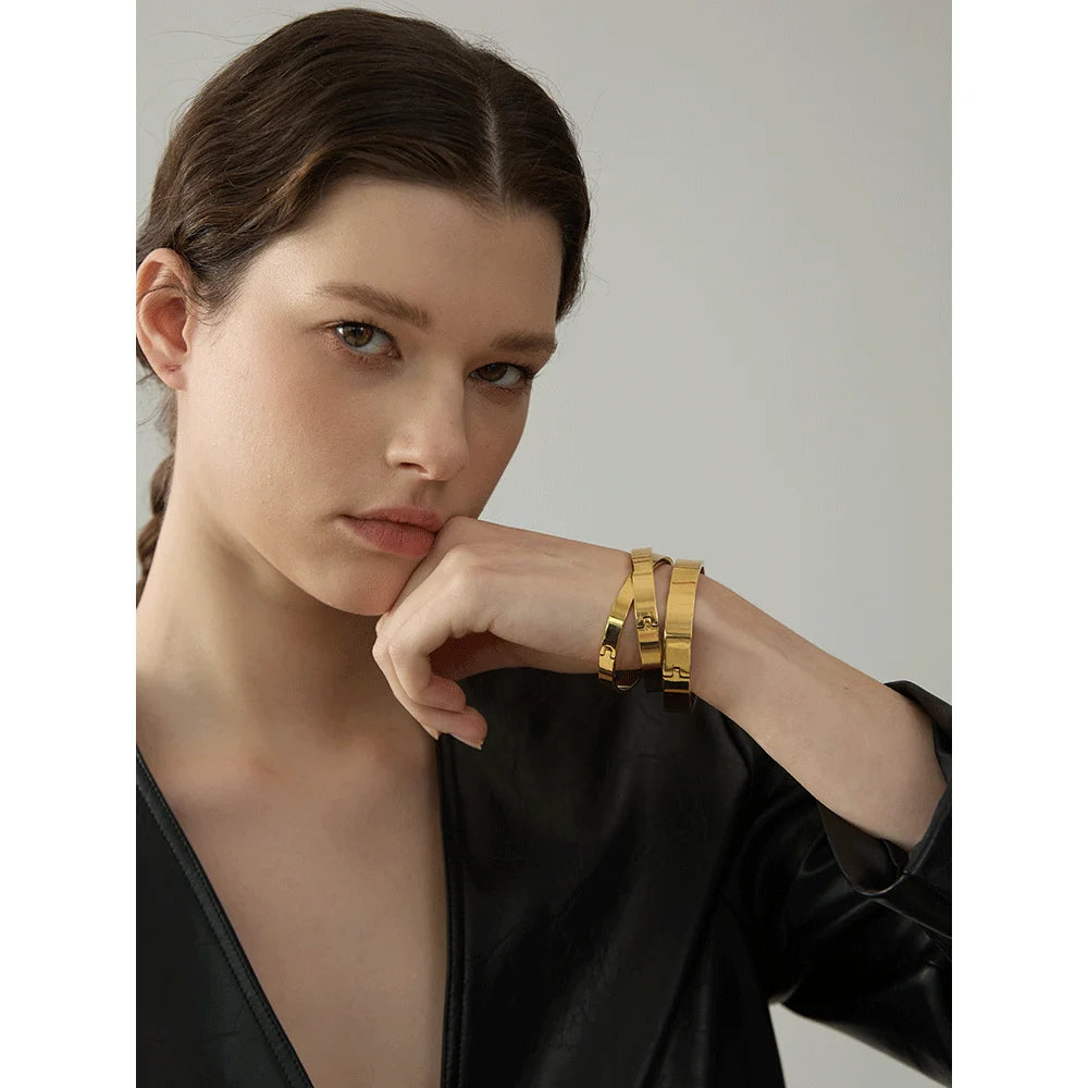 Bracelet jonc rond large en acier inoxydable – Doré & argenté, waterproof