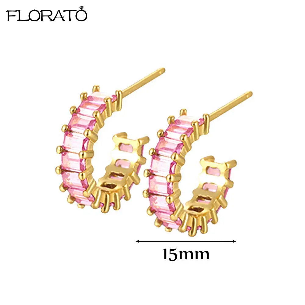 Boucles d’oreilles créoles en argent 925 plaqué or 18K – Zircon rose, style romantique et tendance