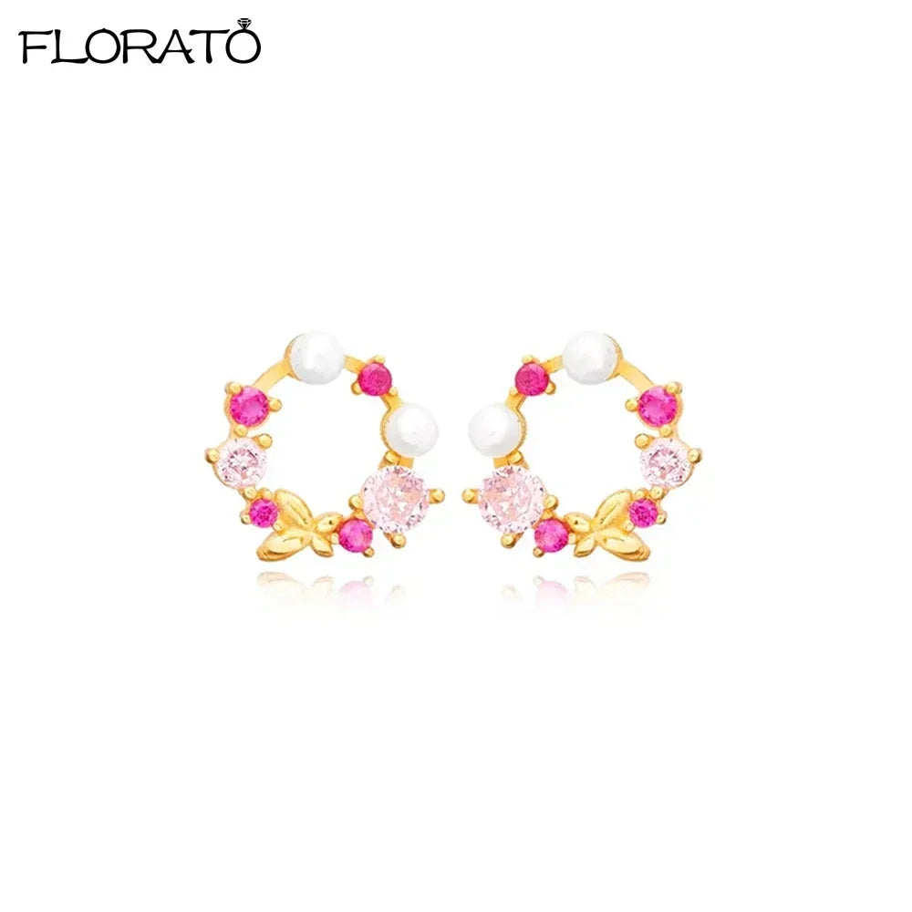 Boucles d’oreilles créoles en argent 925 plaqué or 18K – Zircon rose, style romantique et tendance