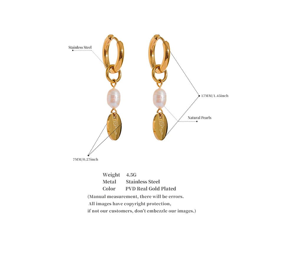 Boucles d’oreilles goutte perle & médaillon – Acier inoxydable doré ou argenté