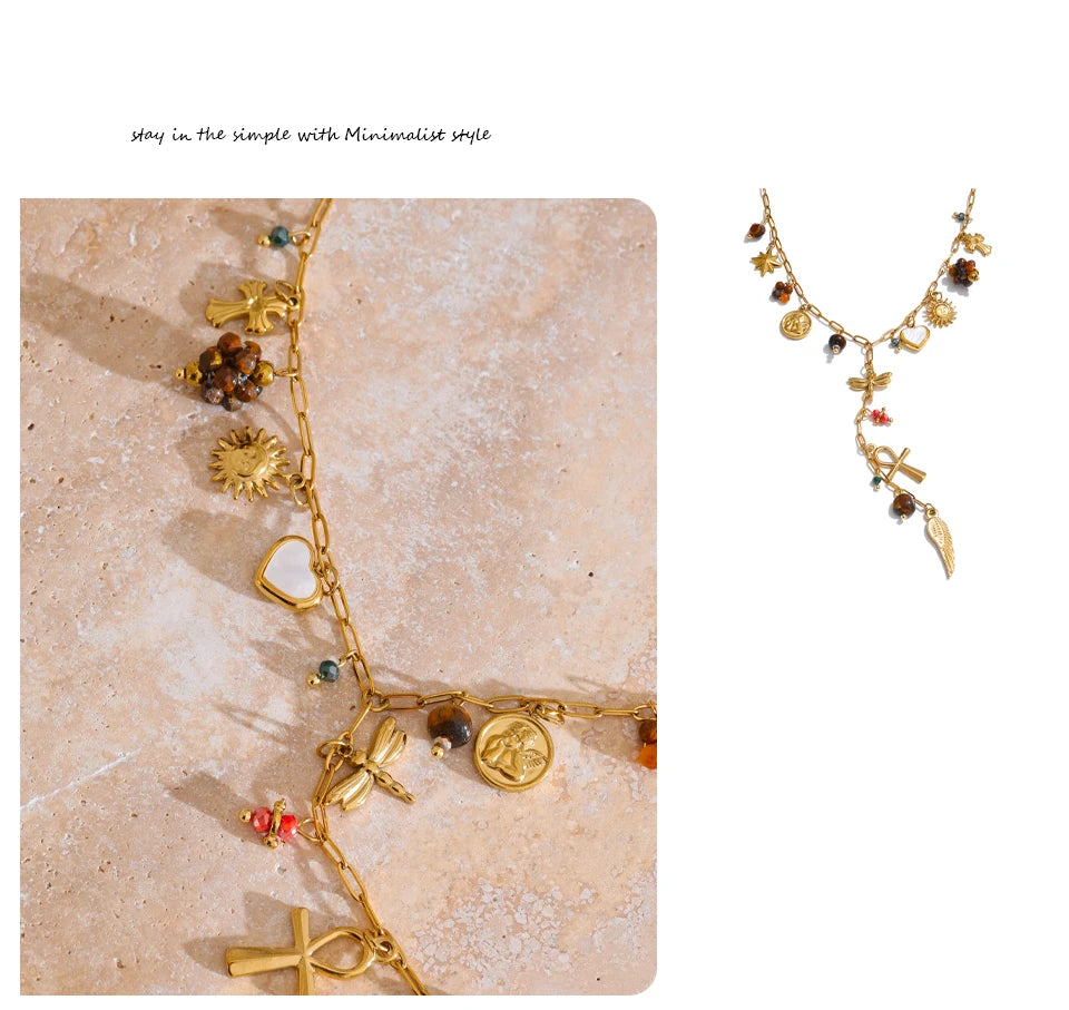 Collier pendentifs symboliques – Acier inoxydable & pierres naturelles