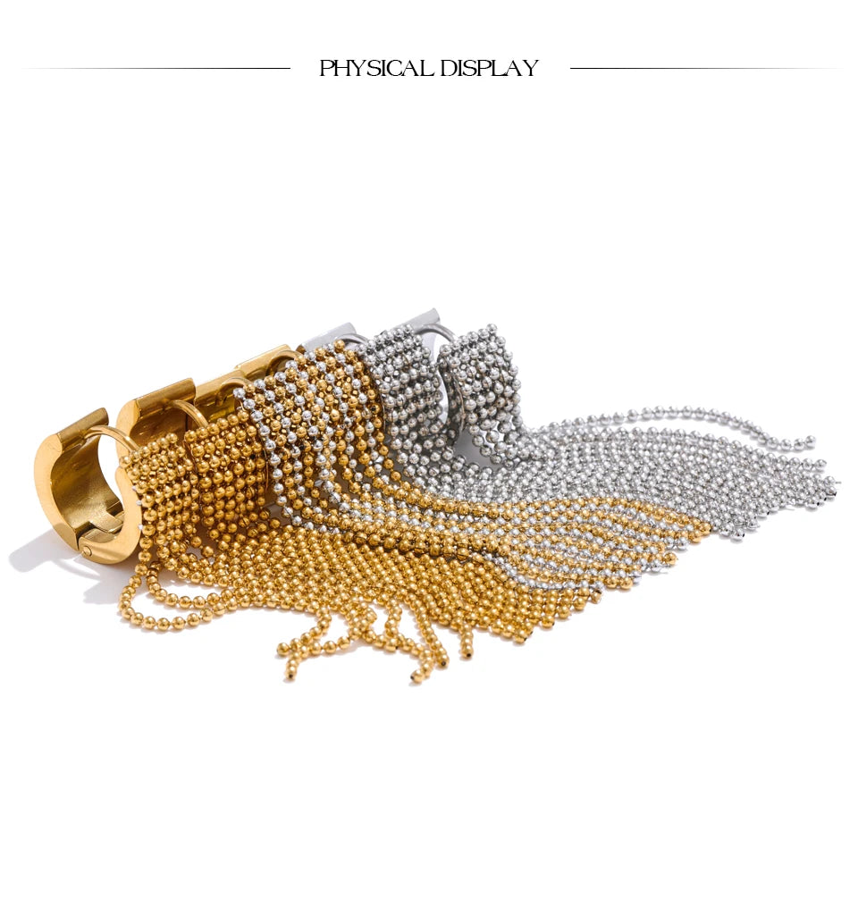 Boucles d’oreilles longues à strass et chaînes fluides en acier inoxydable plaqué or 18K