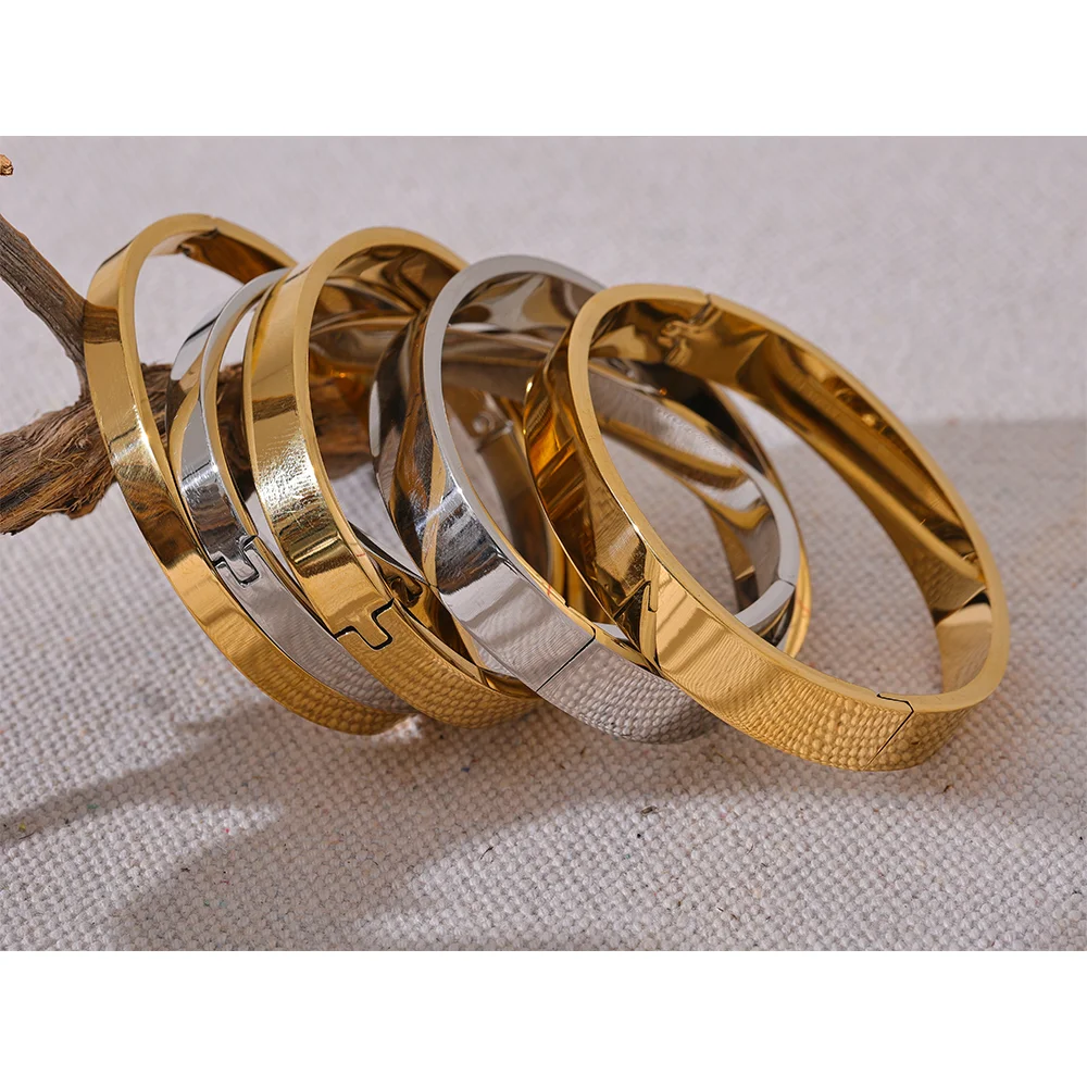 Bracelet jonc rond large en acier inoxydable – Doré & argenté, waterproof
