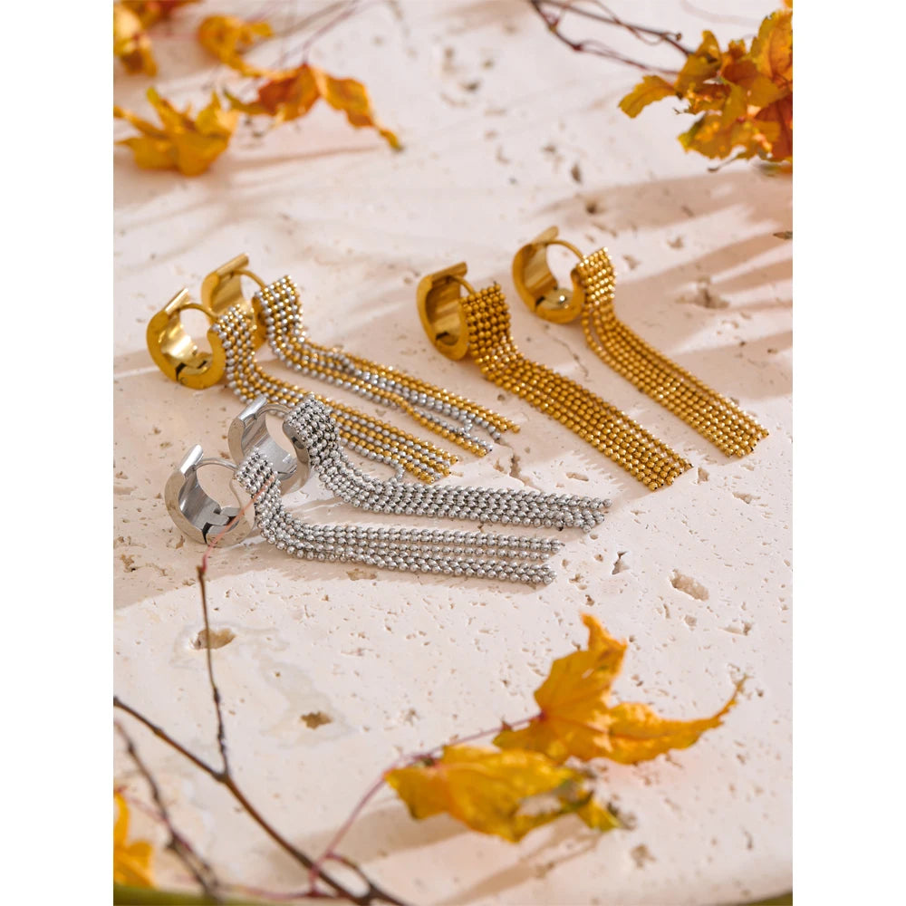 Boucles d’oreilles longues à strass et chaînes fluides en acier inoxydable plaqué or 18K