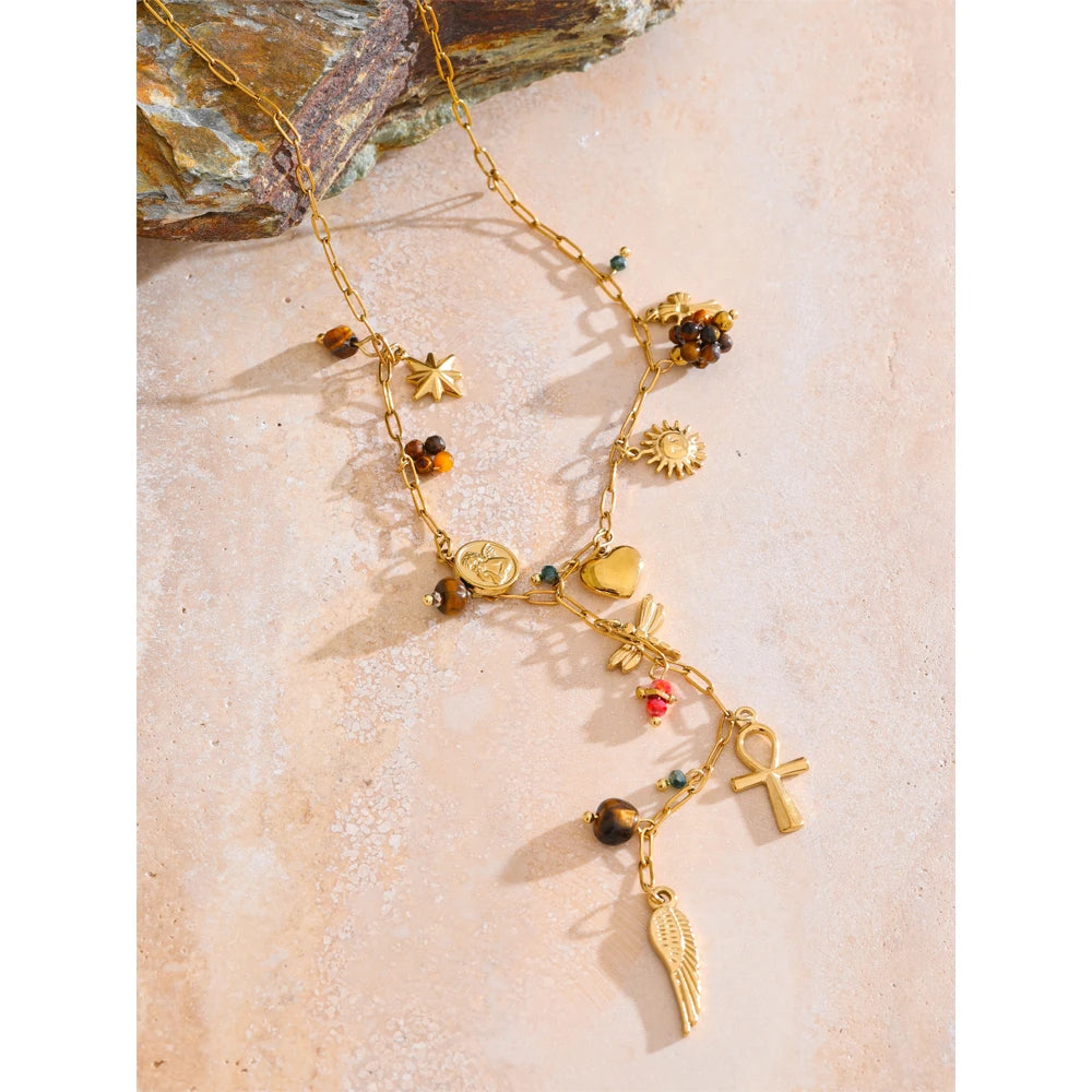 Collier pendentifs symboliques – Acier inoxydable & pierres naturelles