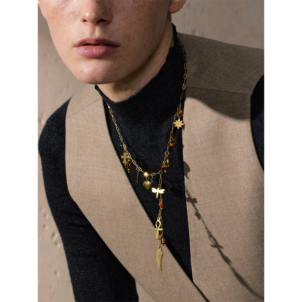 Collier pendentifs symboliques – Acier inoxydable & pierres naturelles