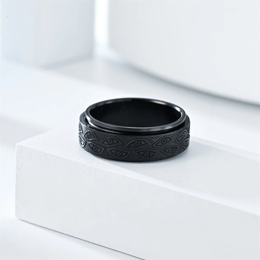 Bague anti-stress homme noire œil gravé en acier inoxydable