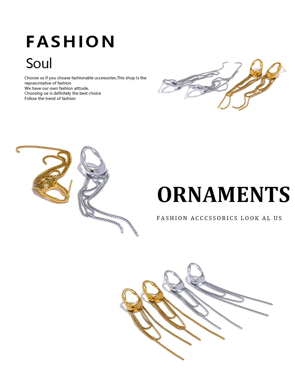Boucles d’oreilles chaînes longues – Acier inoxydable 316L, design géométrique