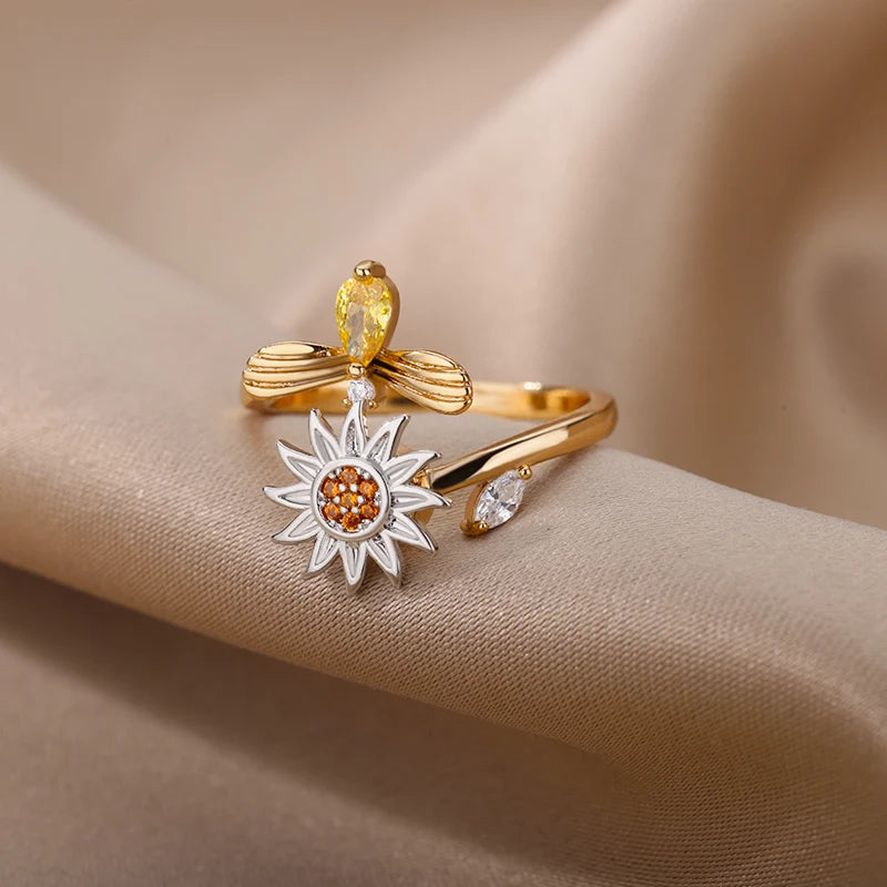 Bague Anti-Stress Femme – Acier Inoxydable Rotatif | Soleil, Lune, Étoile, Tournesol
