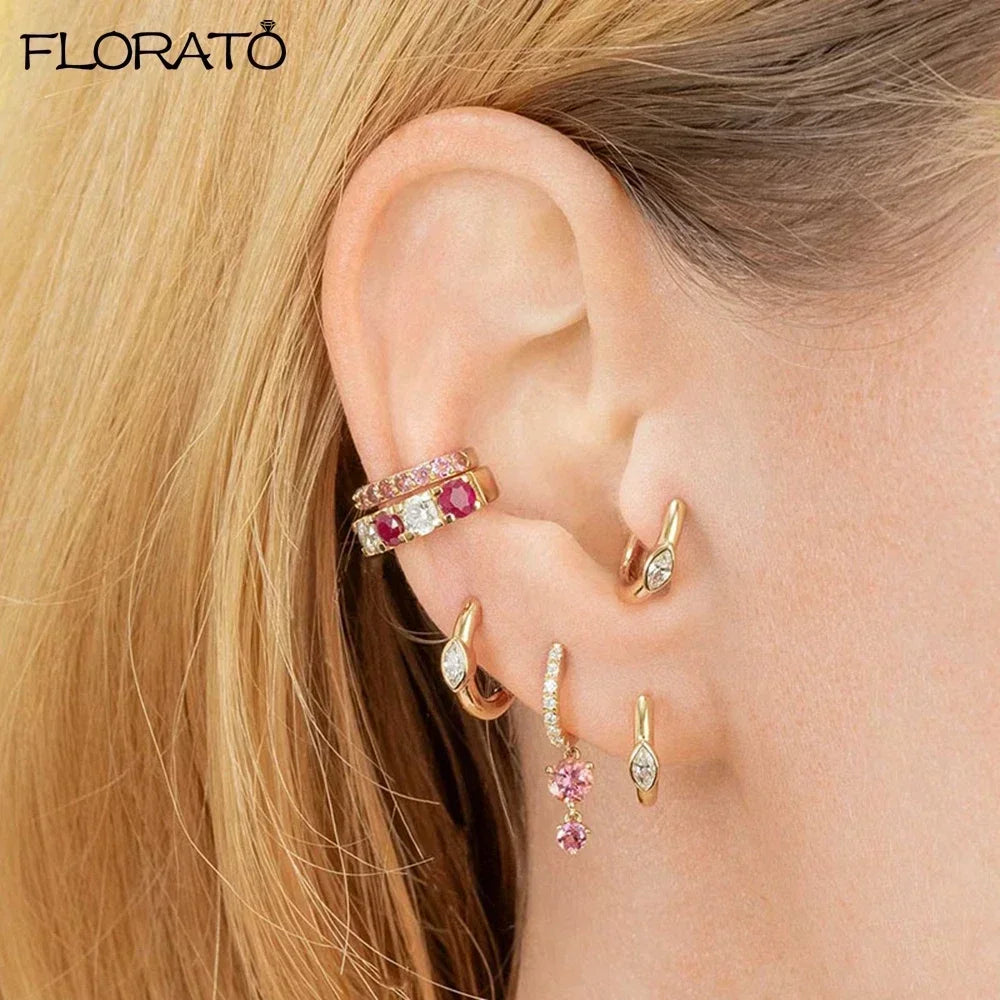 Boucles d’oreilles créoles en argent 925 plaqué or 18K – Zircon rose, style romantique et tendance