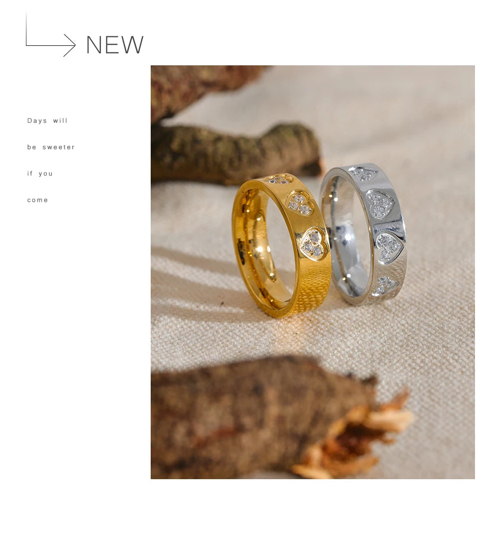 Bague cœurs scintillants – Acier inoxydable doré & zircons