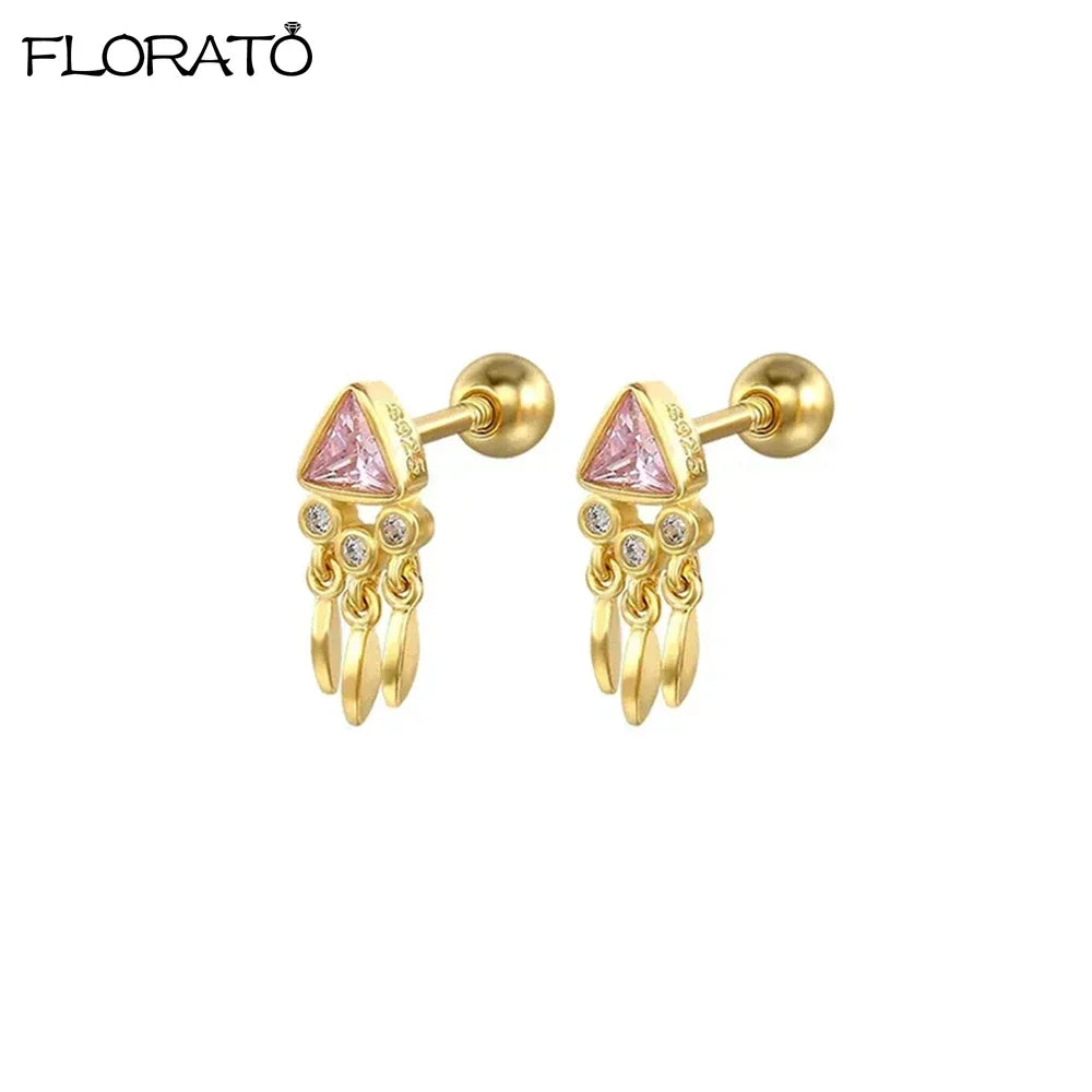 Boucles d’oreilles créoles en argent 925 plaqué or 18K – Zircon rose, style romantique et tendance