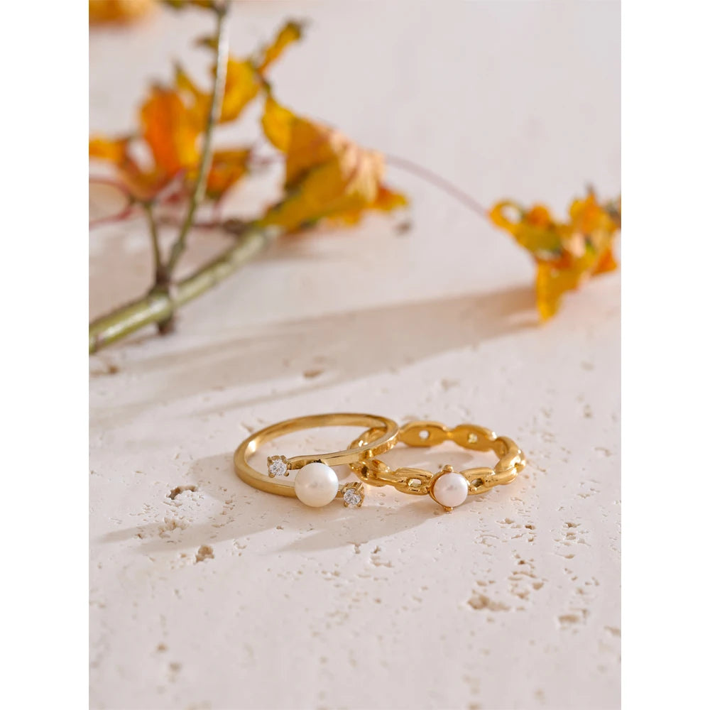 Bague superposable perle & zircon en acier inoxydable doré – 2 modèles