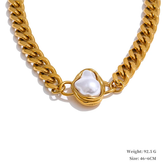 Collier perles baroques et chaîne cubain en acier inoxydable