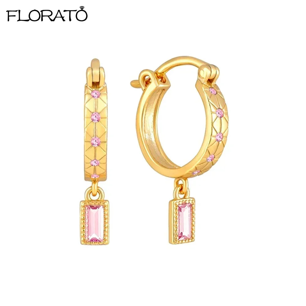 Boucles d’oreilles créoles en argent 925 plaqué or 18K – Zircon rose, style romantique et tendance