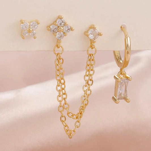 Set mit 3 goldenen Ohrringen – Mix aus Ketten und Zirkonen