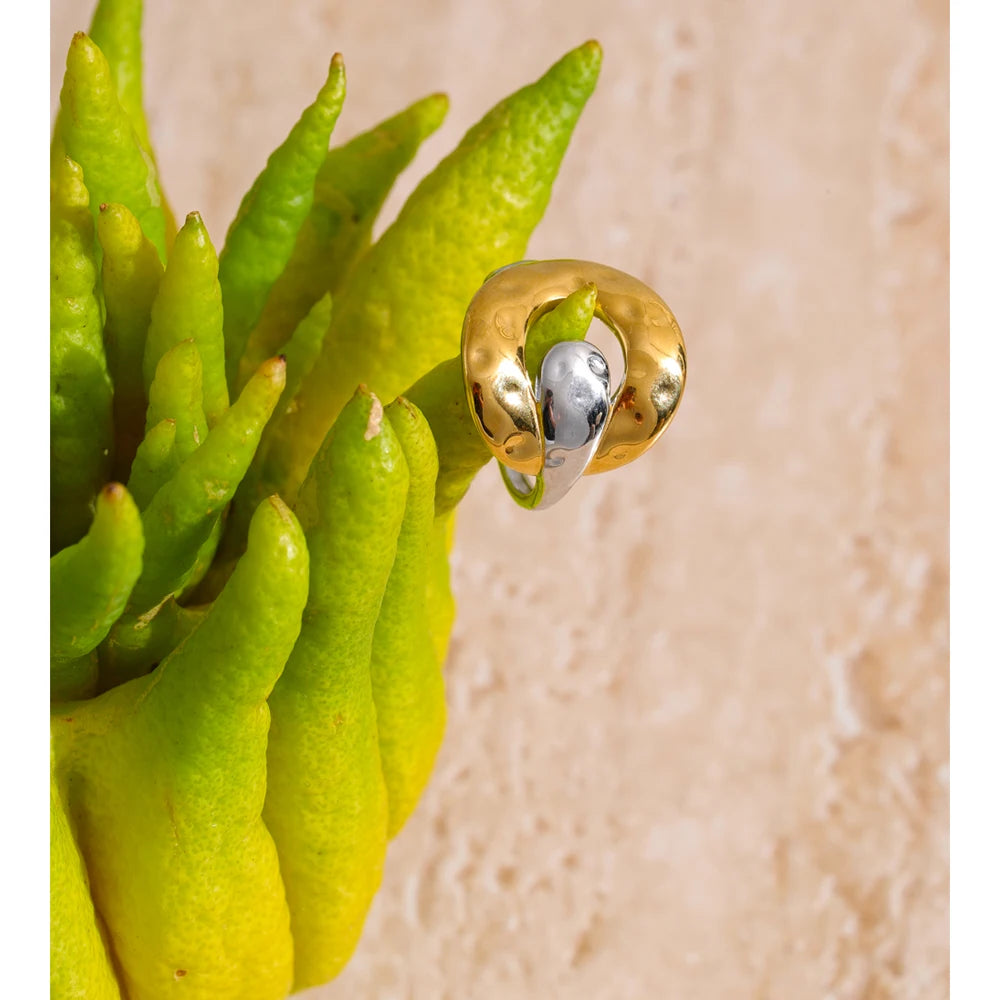 Bague bicolore argent & doré – design abstrait ajustable