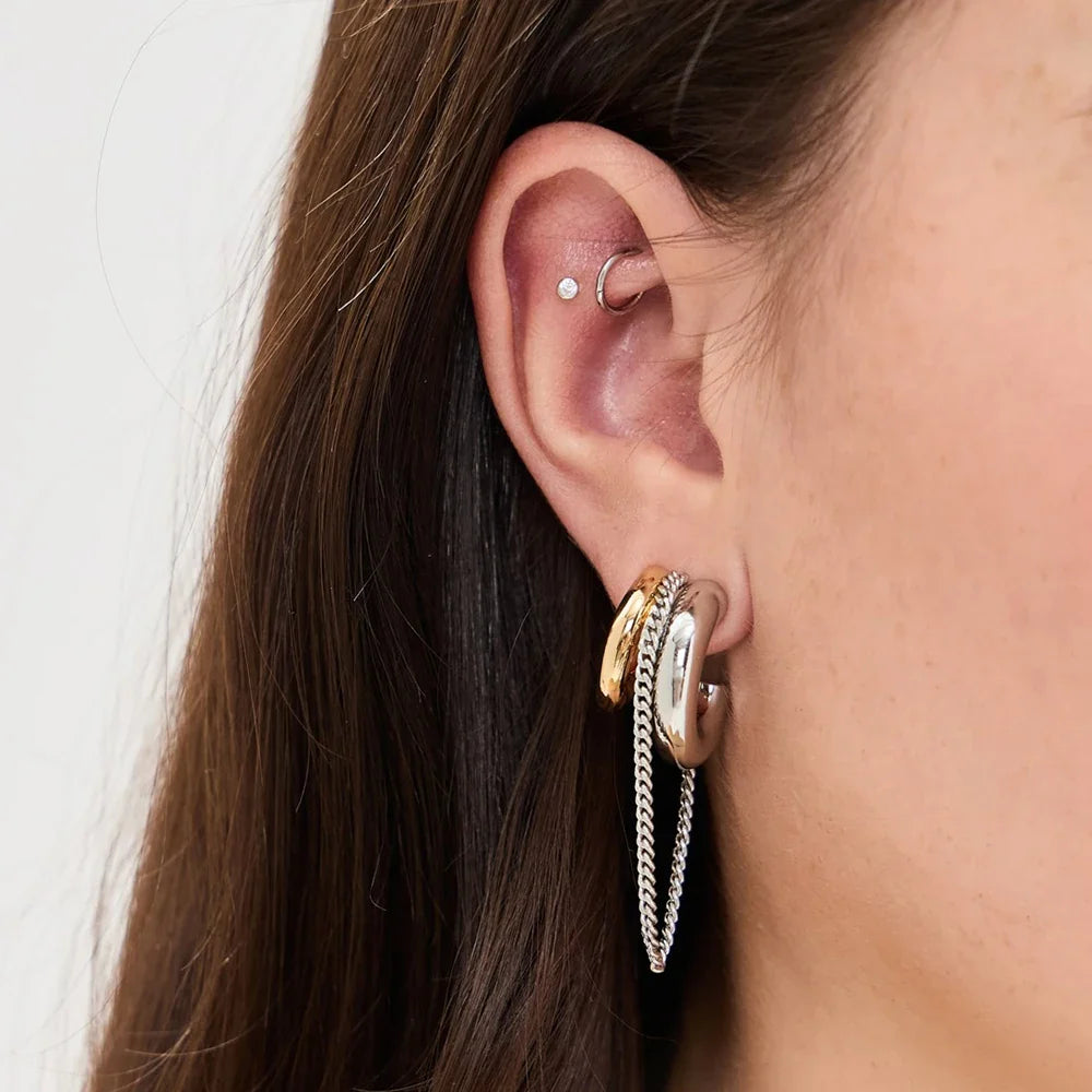 Boucles pendantes chaîne bicolore dorées